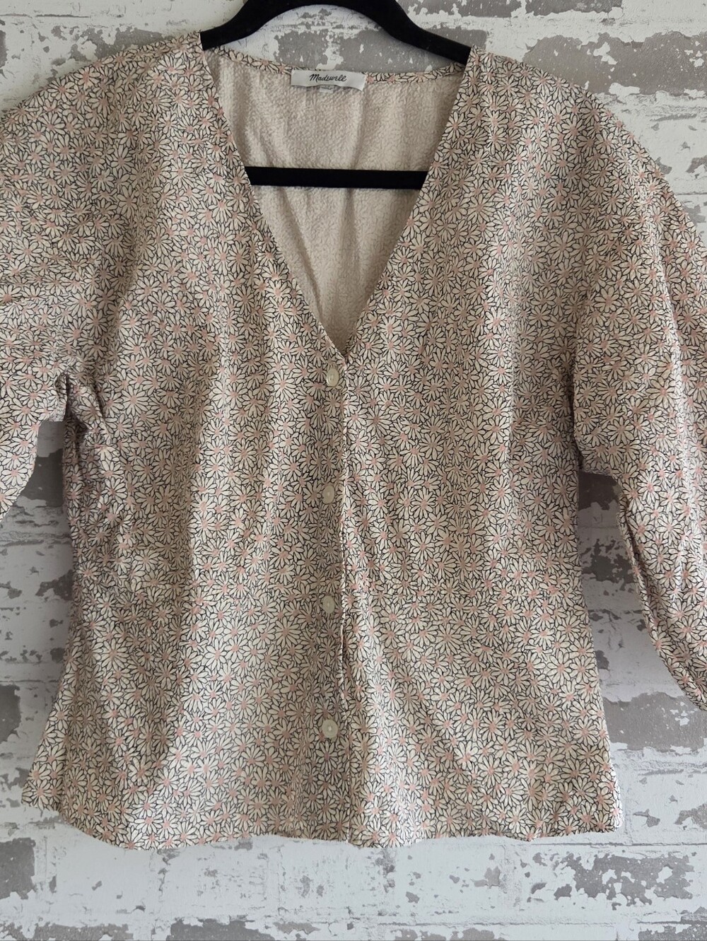 Madewell Daisy Seersucker Puff-Sleeve V-Neck Top - Size 10